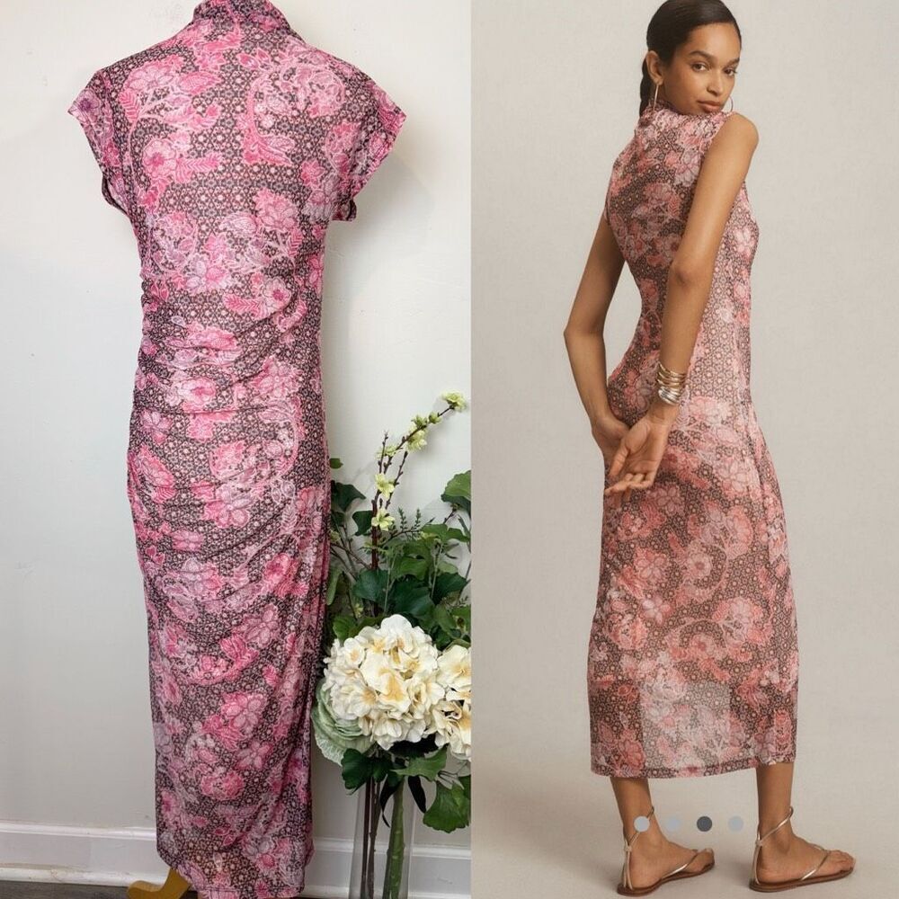 Anthropologie The Maya Ruched Cowl-Neck Mesh Midi Dress | Large | Pink Floral Pr - Picture 3 of 9